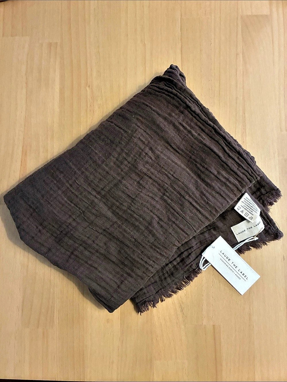 Laude The Label Bubble Gauze Scarf Espresso Brown Cotton Fringe 74” x 21” NWT!